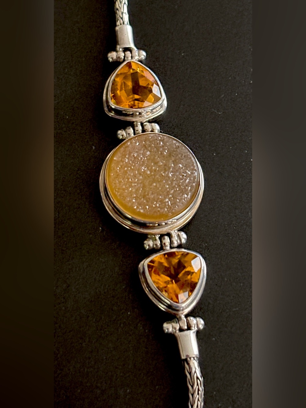 Heavy 925 Silver Snake Chain Toggle Clasp Crystal Druzy Faceted Citrine Bracelet